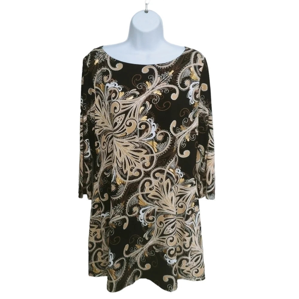 Style & Co. Stretch Tunic Top Gold Filigrees White Black L